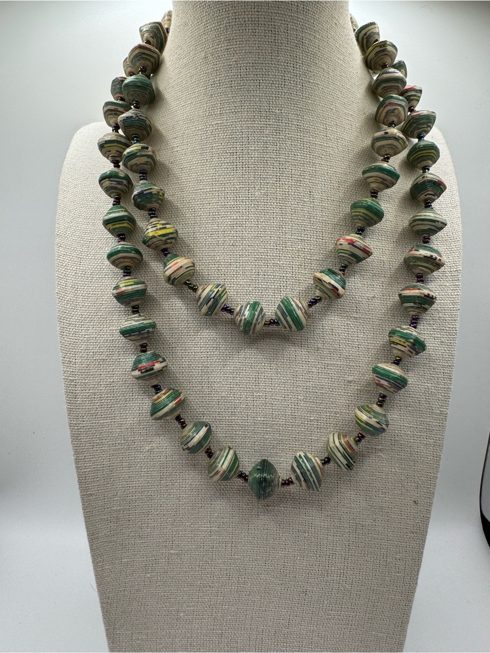 BeadedforLife Handmade Green Striped Recycled Paper Bead Necklace